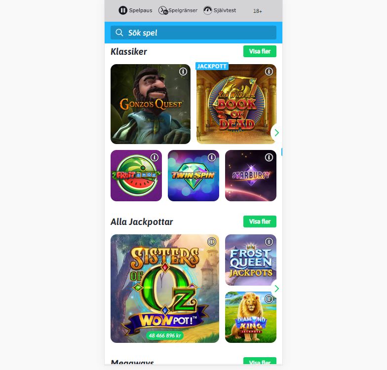 Snabbare casino lobby screenshot